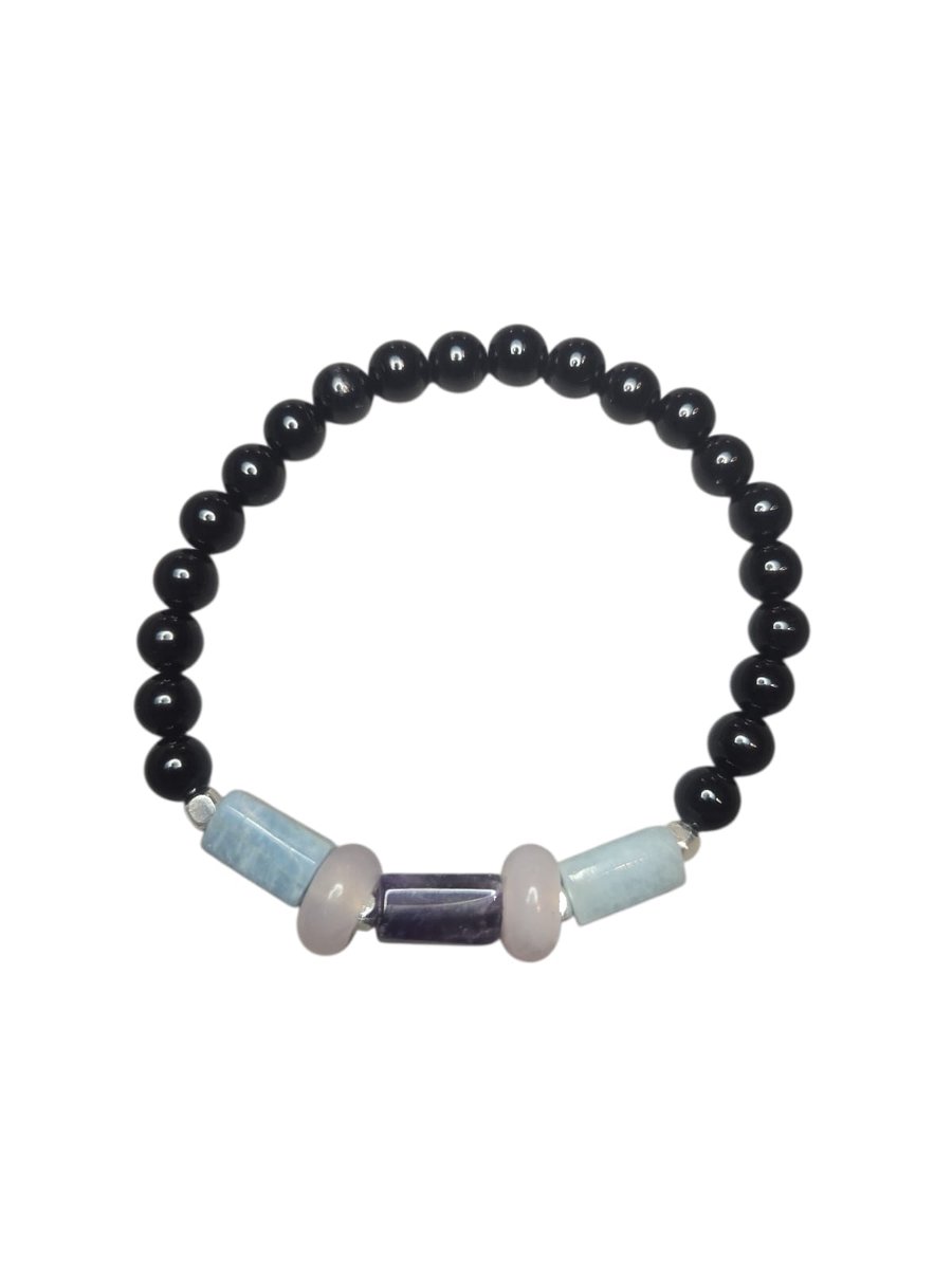 Armband, amethist, rozenkwarts, aquamarijn en zwarte toermalijn.