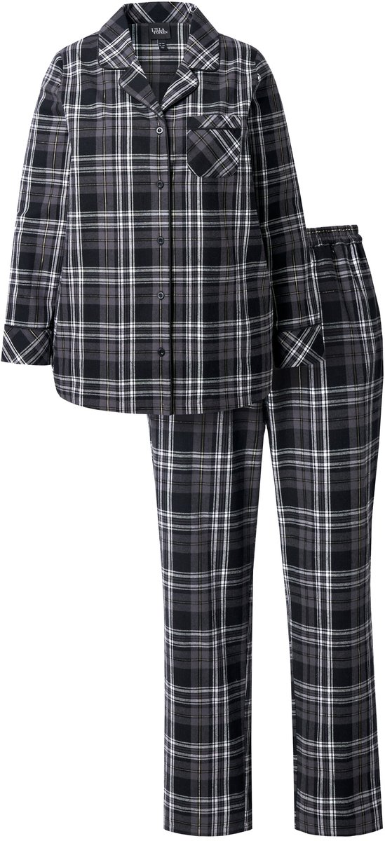 Ulla Popken Dames - Pyjama flanel ruit reverskraag lange mouwen - Zwart - Maat 46+