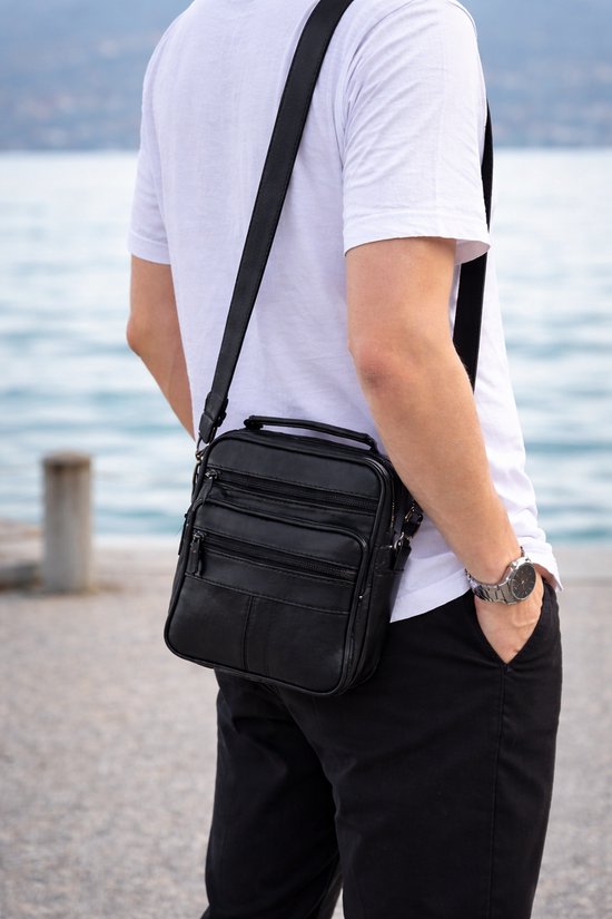 THL Design - Petit sac bandoulière en cuir pour homme et femme - Cuir véritable - Zwart
