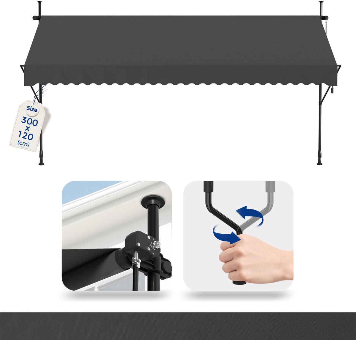 Aufun Klemluifel, Intrekbaar, Handmatig,Balkonluifel, Zonder Boren, Zonwering, Van Polyester, Uv-Bestendig En In Hoogte Verstelbaar, 300X 120 cm Donkergrijs