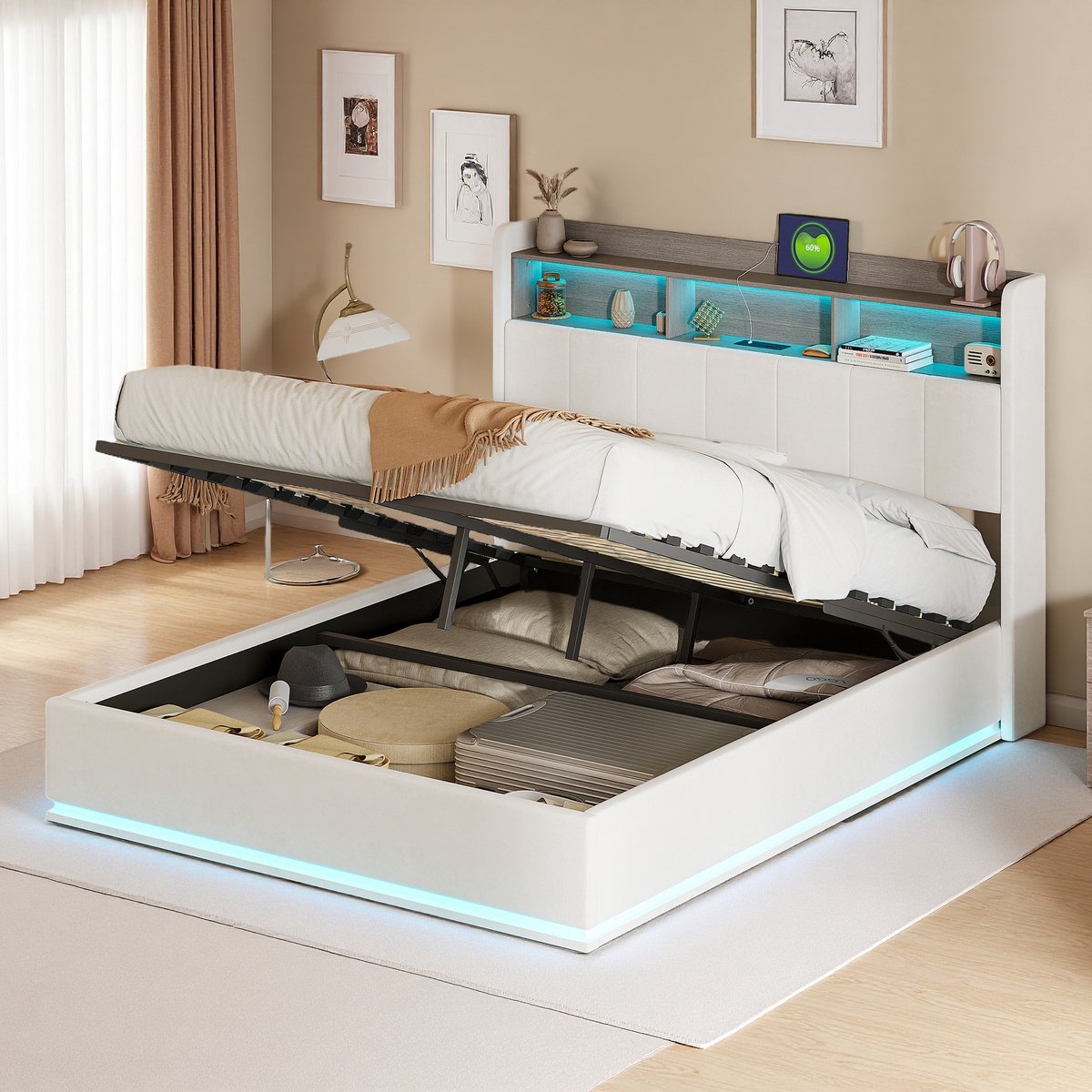 Opbergbed Fluweel 140x200 cm met LED Hoofd- & Voeteneinde - Opbergbed - €282,99