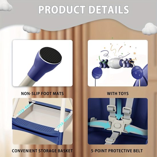 Kinderstoelen-Babystoel-Baby eetstoel Opvouwbaar-Verstelbare Draagbare Eetstoel met 5-Punts Gordels- Multifunctionele Zitplek om te eten, drinken en spelen Met Ergonomische Rugleuning-Comfortabele Kussens En Voetensteun-Grijs. — afbeelding 3