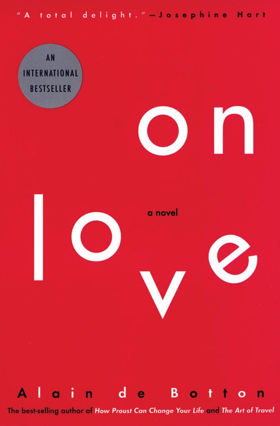 Boekcover van 'On Love' met de titel in witte letters op een rode achtergrond. Bevat ook 'An International Bestseller'.