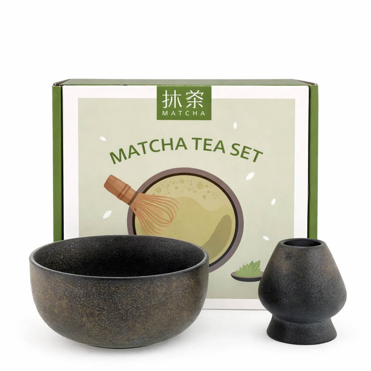 Matcha set in giftbox stone 2-delig– zwart/goud – keramische matcha kom met schenktuit & houder voor bamboe klopper – Japans matcha ritueel – stijlvol thee cadeau