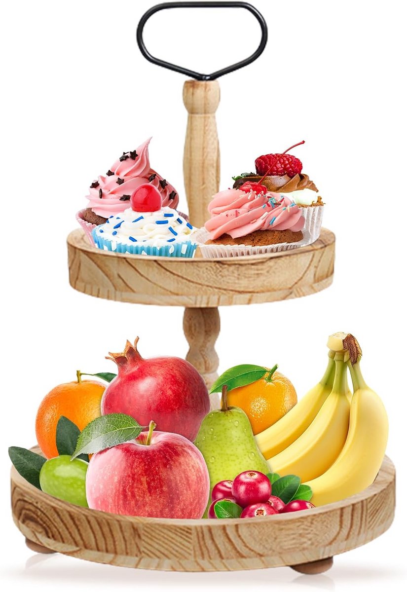 Etagère Houten Taartplateau 2-laags Rustiek Presentatierek voor Gebak en Fruit