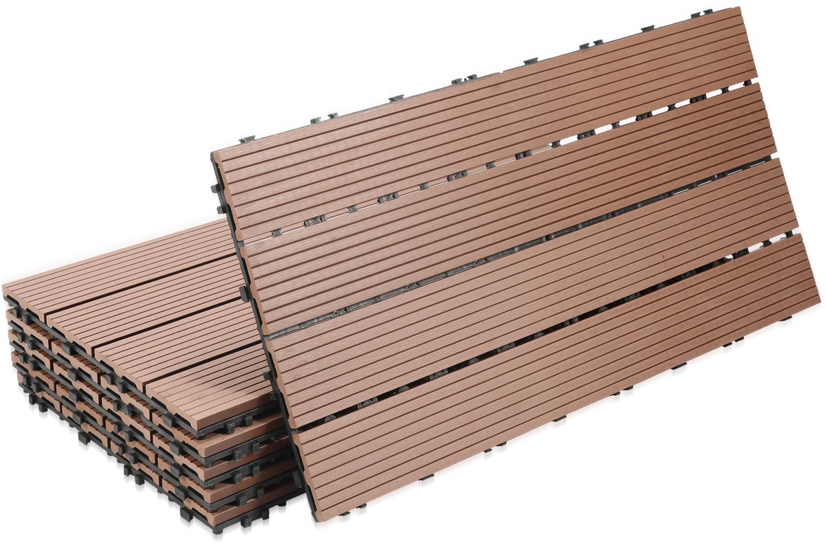 Terrastegels, 24 stuks, kliktegels met houtlook, WPC-tegel, 30 x 60 cm, bruin