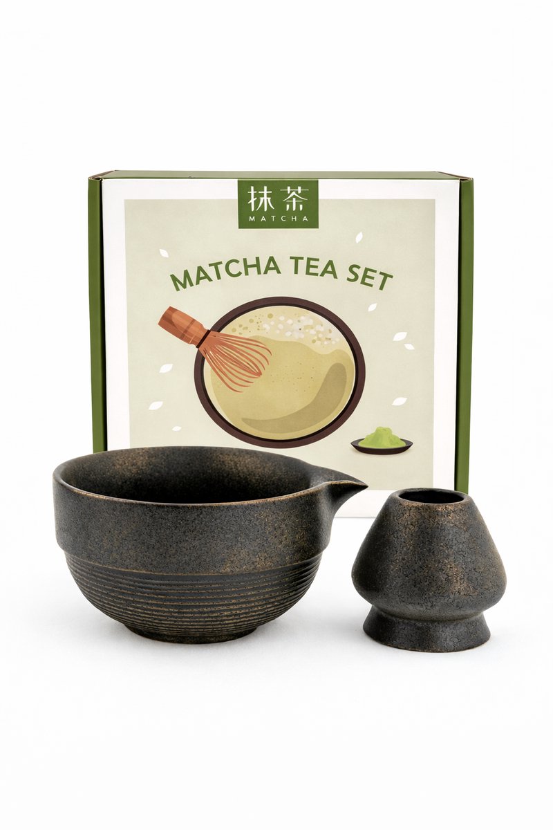 Matcha set in giftbox 2-delig– zwart/goud – keramische matcha kom met schenktuit & houder voor bamboe klopper – Japans matcha ritueel – stijlvol thee cadeau