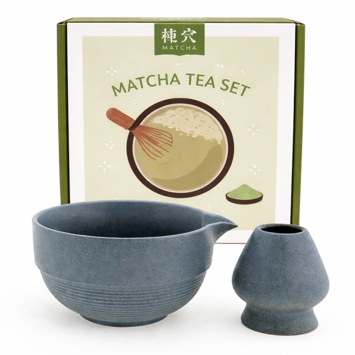 Matcha set in giftbox 2-delig– blauw – keramische matcha kom met schenktuit & houder voor bamboe klopper – Japans matcha ritueel – stijlvol thee cadeau