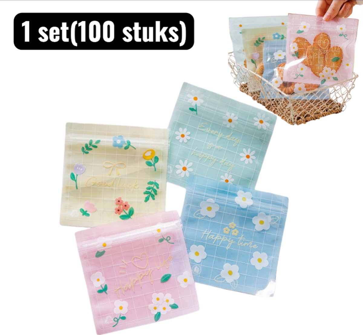 1 set(100 stuks) - Vacuumzakken - Gripzakken - Hersluitbare Voedselzakjes - Doorzichtig en Waterdicht voor Meal Prep - Vriezer en Reizen - B loemenpatroon