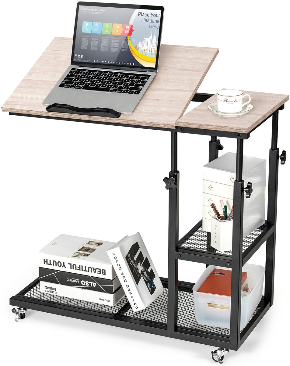 Costway Bijzettafel hout, in hoogte verstelbaar en kantelbaar, banktafel C-vorm, 3 niveaus laptoptafel met wieltjes, 80 x 40 x 95 cm, voor woonkamer en slaapkamer (natuur)
