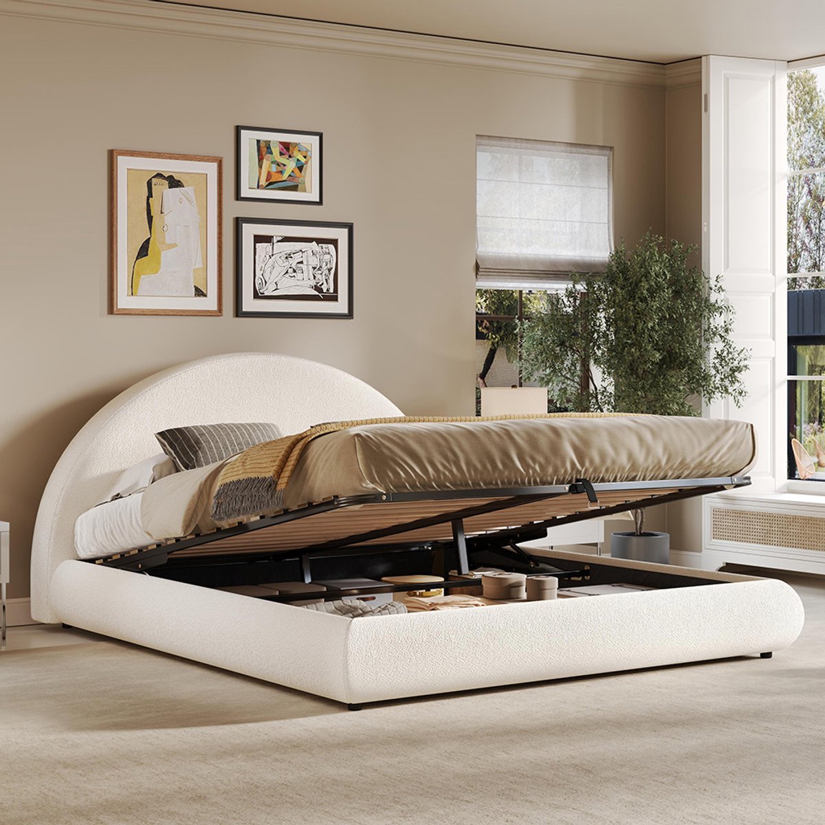 BLACKCOLORS Gestoffeerd bed, tweepersoonsbed, 180*200 cm, functioneel hydraulisch bed, bed met lattenbodem, hoofdeinde en grote opbergruimte, gestoffeerd hoofdeinde, beige bouclé