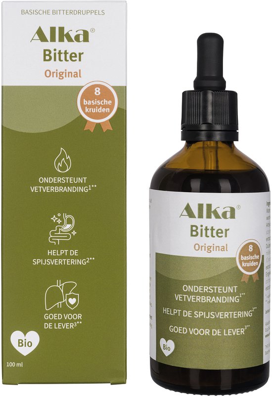 Flesje Alka Bitter Original met druppelaar en verpakking. De verpakking en het etiket tonen "8 basische kruiden", "ondersteunt vetverbranding", "helpt de spijsvertering" en "goed voor de lever".