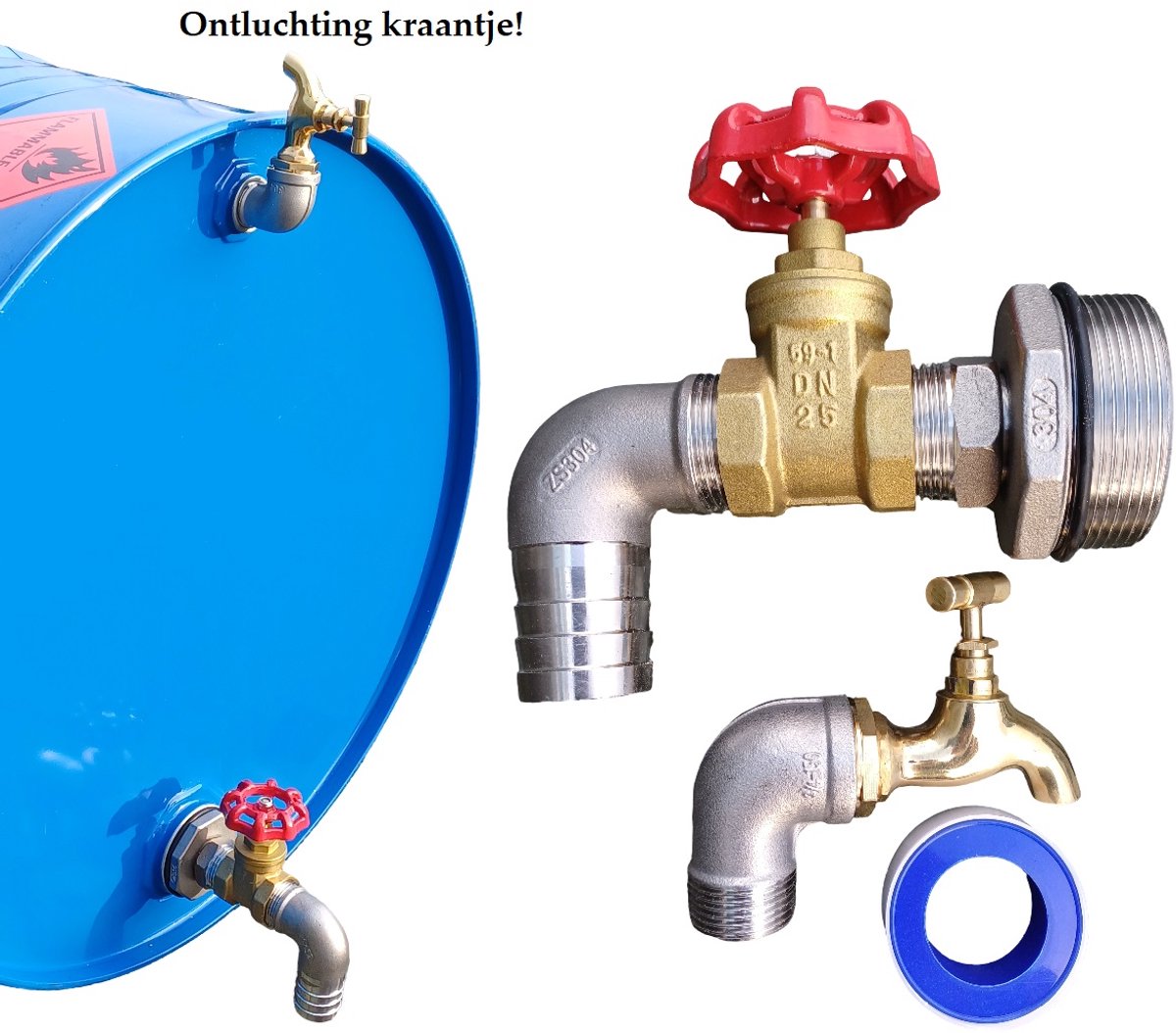 200liter - olievat - kraan - R.V.S - messing - 1 inch - 32mm - DN25