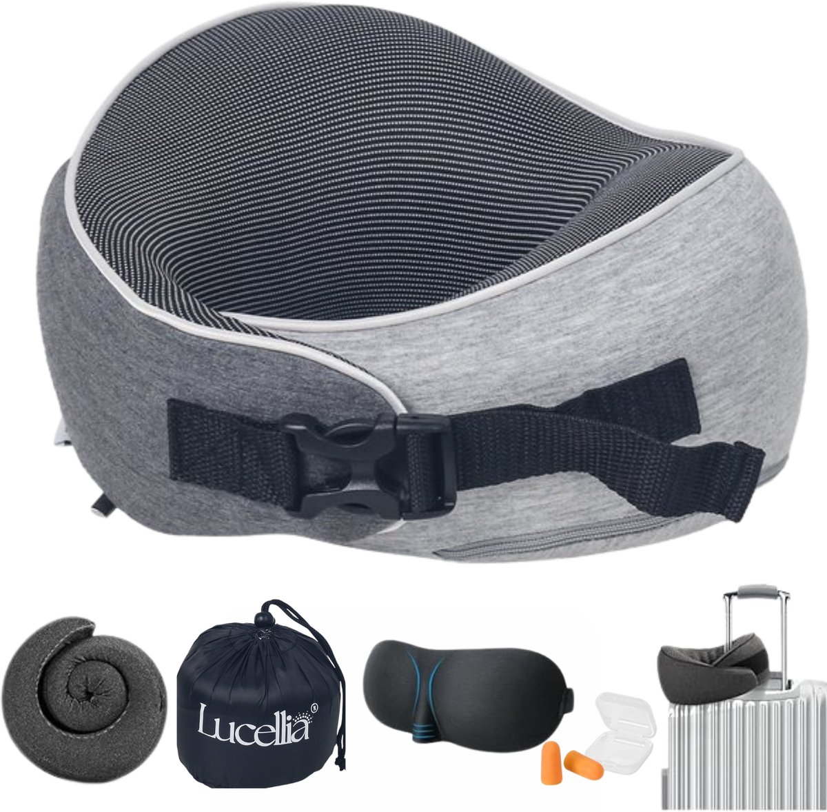 Lucellia® Nekkussen Vliegtuig & Auto - 3-in-1 Reiskussen van Traagschuim (Memory Foam) – Inclusief Slaapmasker & Oordopjes – Grijs