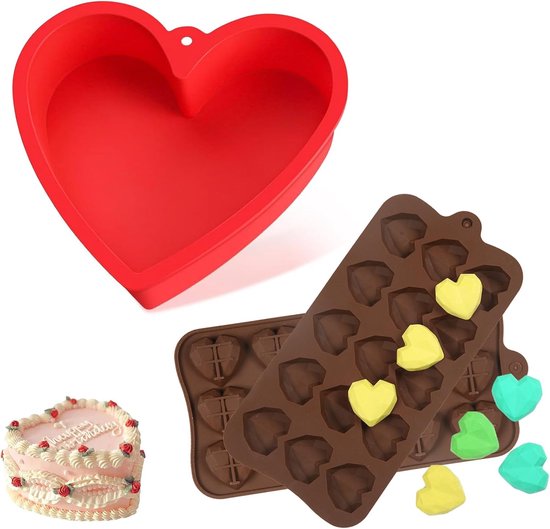 homEdge Chocoladevorm met 15 holtes hartvorm, set van 4 stuks, siliconen, Valentijn, hart, chocolade, gummy en snoepvorm