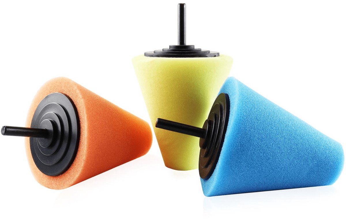 AMiO Auto Kegel Polijst Schuimborstels voor Boormachine (3 stuks) M14 (125mm) Oranje-Groen-Blauw