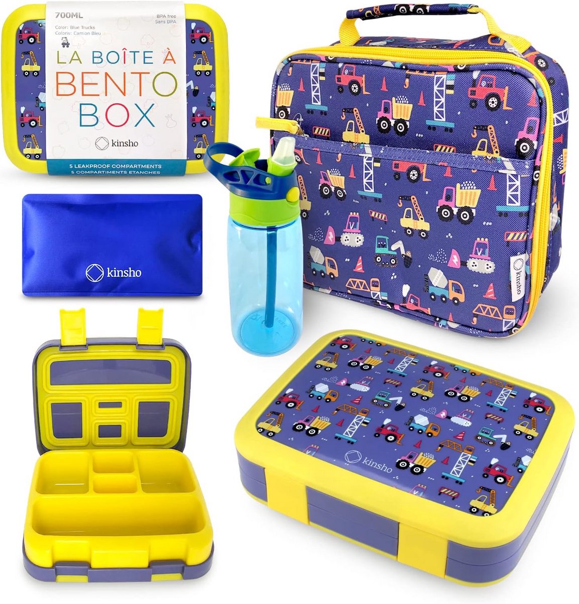 Bentobox Set voor Kinderen - Isolerende Lunchtas met IJsdruk en Waterfles - 5 Levensbestendige Compartimenten voor Snacks en Lunch