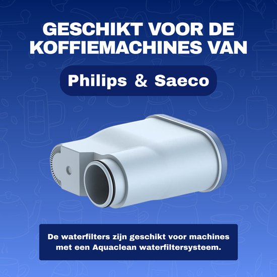 Een wit waterfilter met lichtblauwe rand, geschikt voor Philips & Saeco koffiemachines.