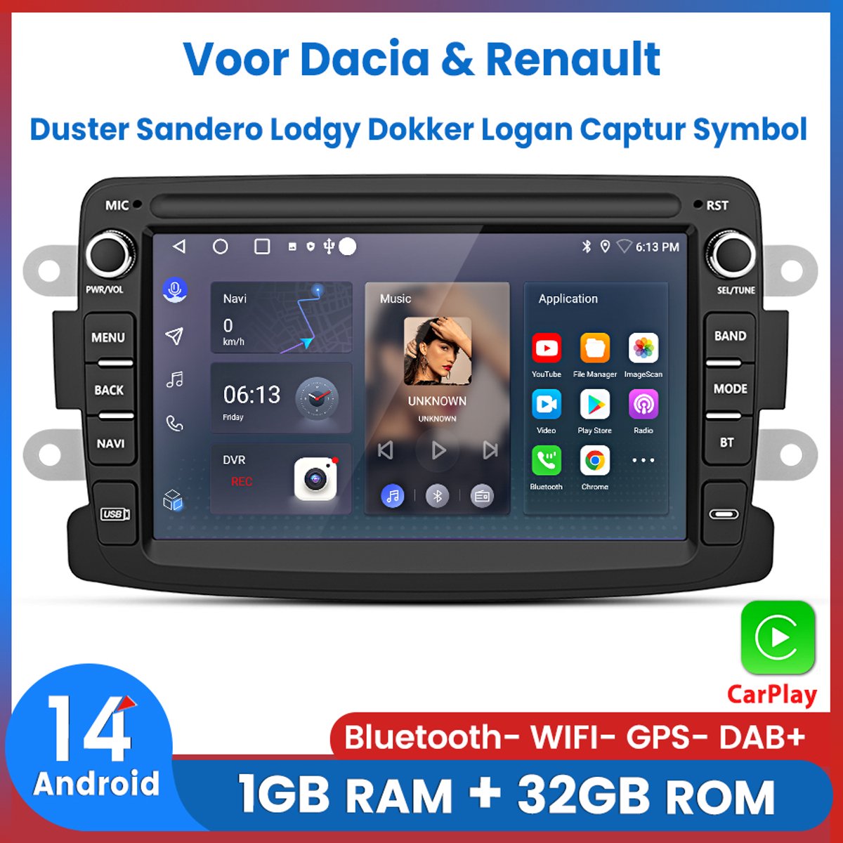 Awesafe 7 inch IPS Autoradio - Geschikt Voor Dacia & Renault - Duster Sandero Lodgy Dokker Logan Captur Symbol - Draadloos Apple CarPlay & Android Auto - 1GB +32GB - GPS Navigatie Bluetooth WIFI - Radio Scherm - 2013 2014 2015 2016 2017