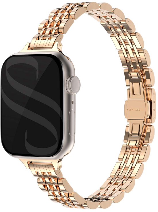 Rose gouden schakel horlogeband om een Apple Watch met een gespsluiting.