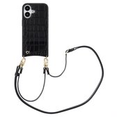 Selencia Hoesje - Geschikt voor Apple iPhone 16 - Croco Backcover met koord en pashouder - Zwart
