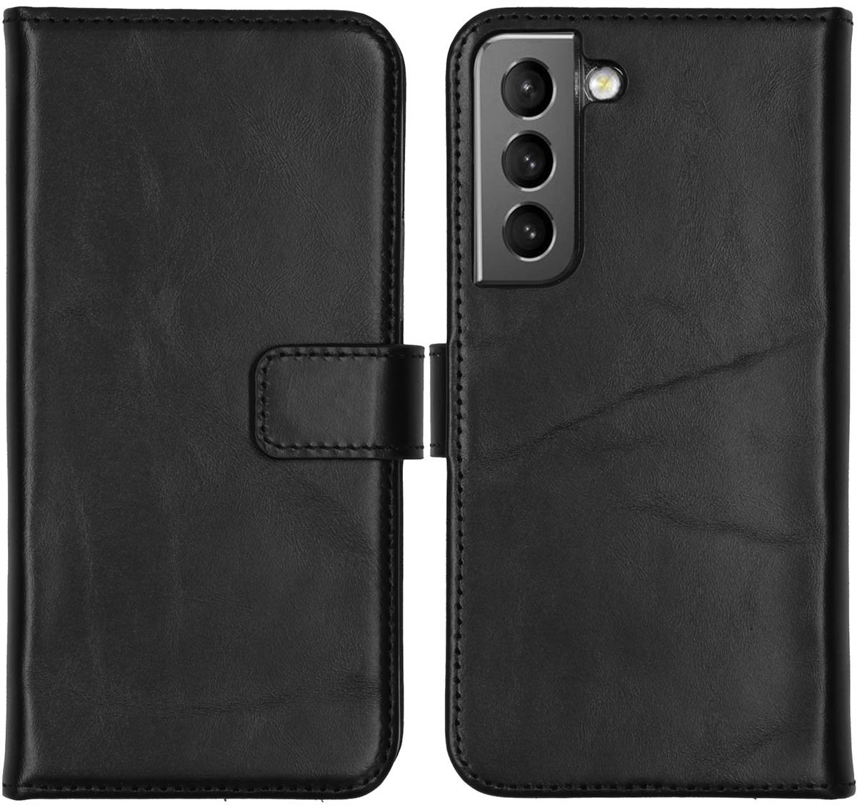 Selencia Hoesje - Geschikt voor Samsung Galaxy S22 - Echt Lederen Bookcase - Zwart