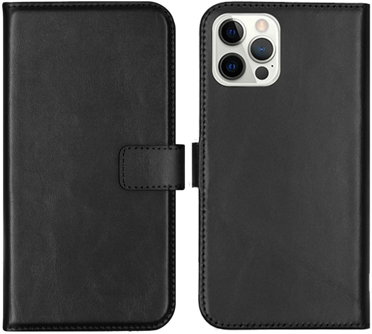 Selencia Hoesje - Geschikt voor Apple iPhone 12 Pro / 12 - Echt Lederen Bookcase - Zwart