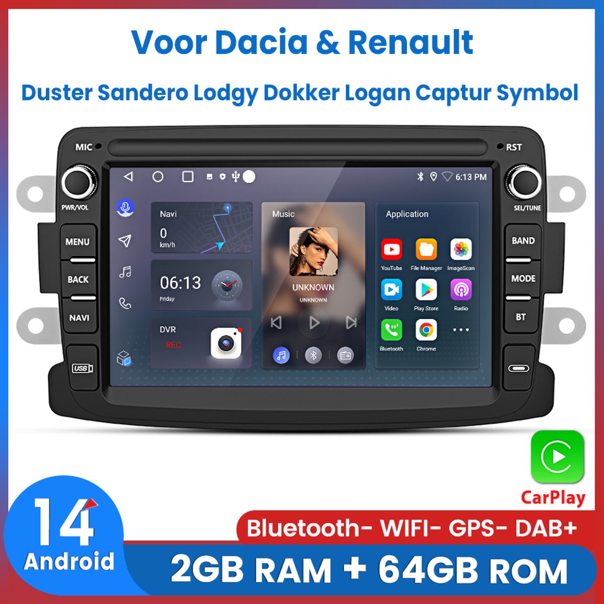 Awesafe Autoradio - Geschikt Voor Dacia Duster Sandero Lodgy Dokker Logan Renault Captur Symbol - 7 inch IPS Scherm - Draadloos Apple CarPlay & Android Auto - Ram 2GB + Rom 64GB - GPS Navigatie Bluetooth WIFI - Radio Scherm - 2013 2014 2015 2016 2017