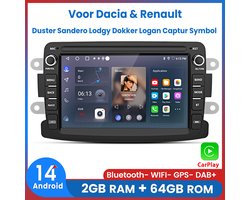 Awesafe Autoradio - Geschikt Voor Dacia Duster Sandero Lodgy Dokker Logan Renault Captur Symbol - 7 inch IPS Scherm - Draadloos Apple CarPlay & Android Auto - Ram 2GB + Rom 64GB - GPS Navigatie Bluetooth WIFI - Radio Scherm - 2013 2014 2015 2016