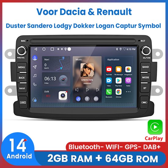 Awesafe Autoradio - Geschikt Voor Dacia Duster Sandero Lodgy Dokker Logan Renault Captur Symbol - 7 inch IPS Scherm - Draadloos Apple CarPlay & Android Auto - Ram 2GB + Rom 64GB - GPS Navigatie Bluetooth WIFI - Radio Scherm - 2013 2014 2015 2016