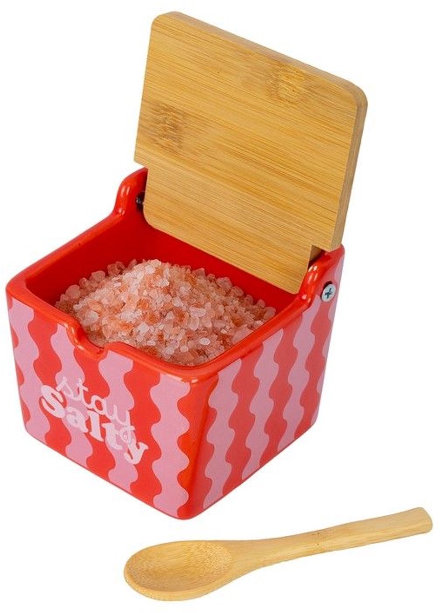 Zout box “Salt” - Rood - Roze - Dolomiet & Bamboe - 10,5 x 10,5 x 10 cm - Zoutbak