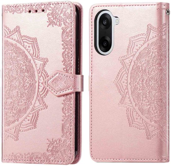 Étui de téléphone rose doré avec relief mandala, ouvert.