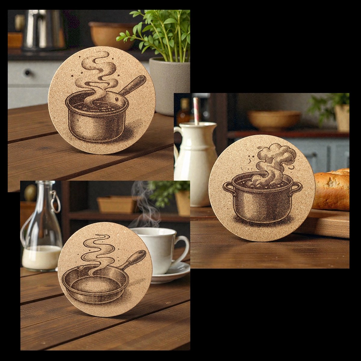Baardmans Creaties - Pannen-onderzetters kurk rond 17 cm 'Pannen'(set van 3)