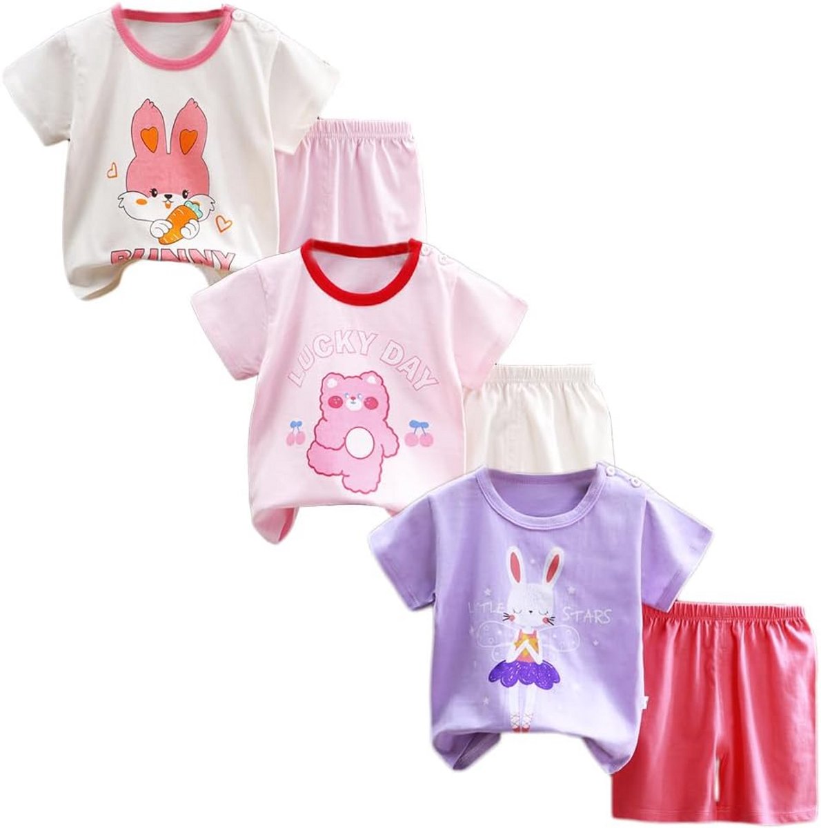 Set van 3 T-shirts met korte mouw en shorts voor baby meisjes - Zomerkleding set