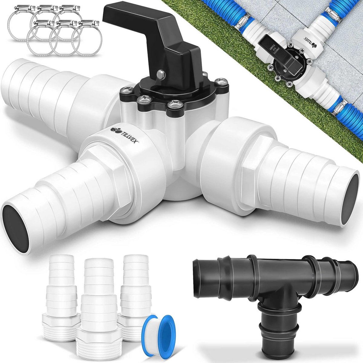 tillvex® Bypass Set Zwembad 12-delig - Ø 32/38 mm, 3-wegventiel en ABS-adapter, met 6 x roestvrijstalen slangklemmen en 8 m isolatietape | voor zandfiltersystemen, warmtepompen & zwembadverwarming