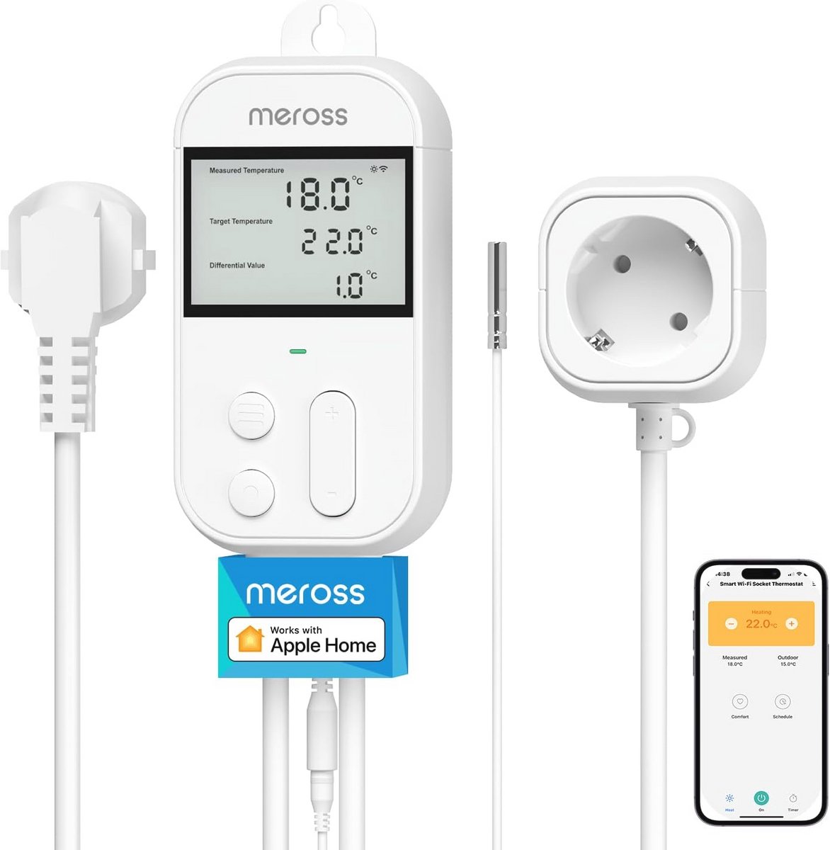 Temperatuurregelaar Smart thermostaat stopcontact met sensor voor verwarming en koeling - HomeKit Digital WLAN 16A 2.4 GHz