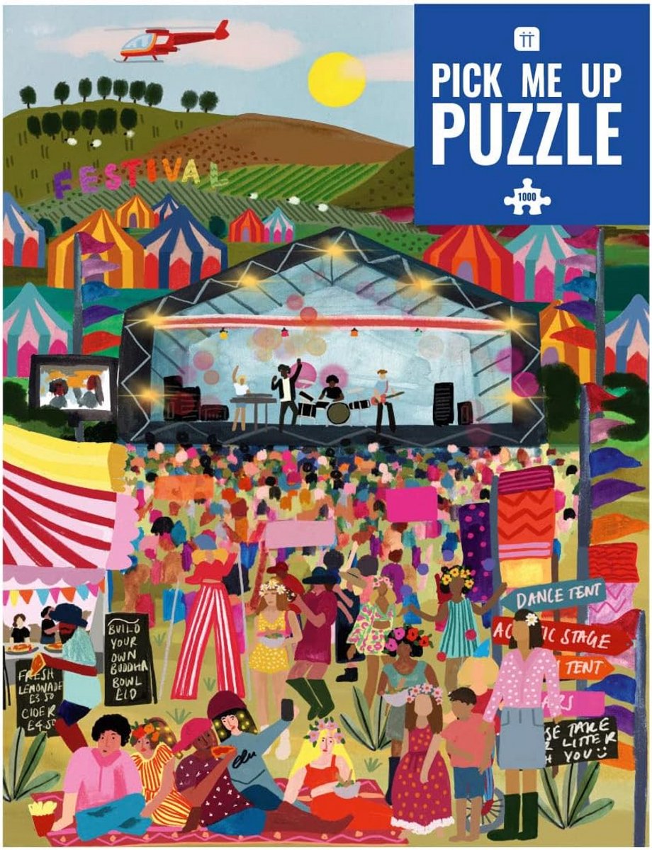Talking Tables Puzzel voor volwassenen, 1000 stukjes, met bijpassende poster en trivia-blad, kleurrijk geïllustreerd design, verjaardagscadeaus voor muziekliefhebbers, blauw (PUZZ-PMU-festival)