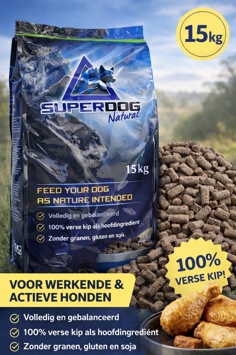SuperDog Natural Superdog Natural Excellent - Koudgeperst Hondenvoer - Graanvrij & Hypoallergeen - Verse Kip - 15 kg