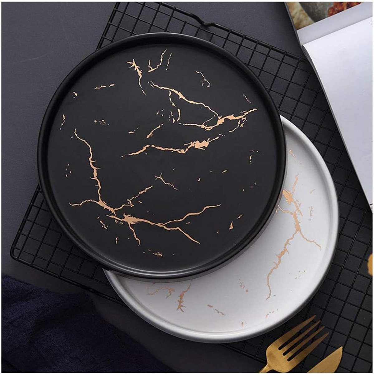 Keramische Dessert en Steak Plate Set van 2 - 20cm Gouden Zwart Wit Marmer Design