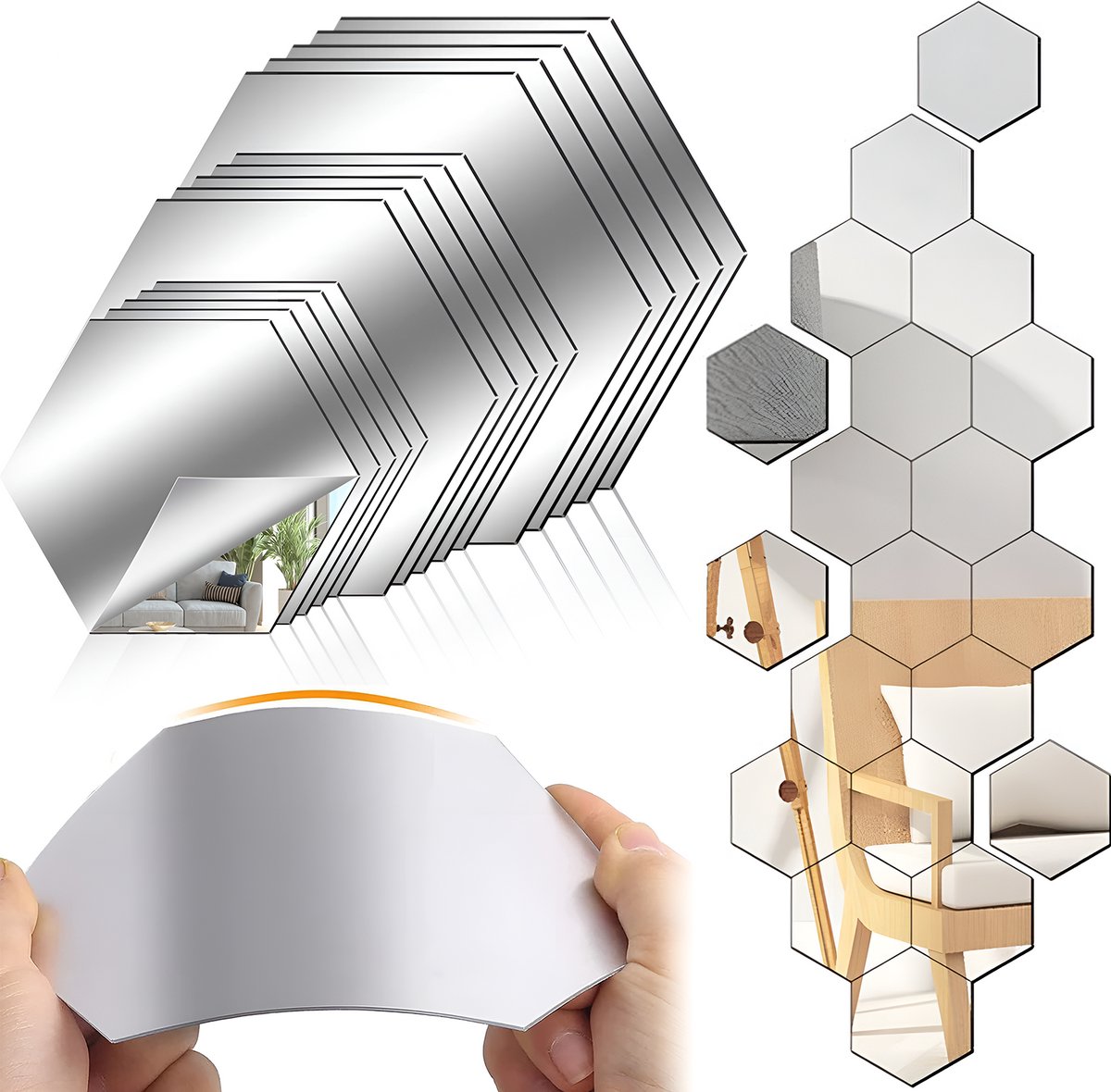 QTTVBTNA 15 stuks Hexagon Zelfklevende Spiegels - Spiegel Sticker - Acryl Wandspiegel - Zilver - zelfklevend - decoratie