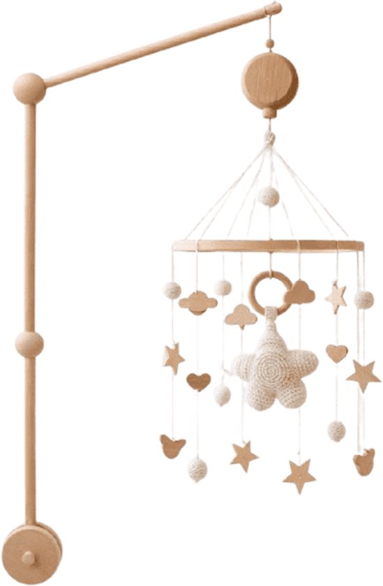 Houten Baby Mobiel Set – Muziekdoos, Wandhouder & houten ring – Natuurlijke Babykamer Decoratie – Boxmobiel – Muziekmobielen