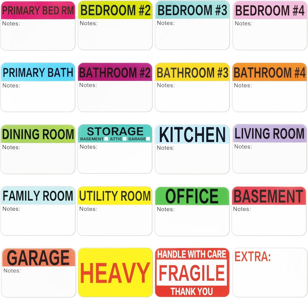 Kleurgecodeerde Etiketten voor Verhuizing - 600 Stuks - Beschrijfbare Notitiegebieden en Breekbare Stickers