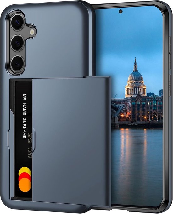 Coque bleu foncé avec un compartiment coulissant pour cartes au dos. Une carte de crédit avec logo MasterCard est visible.