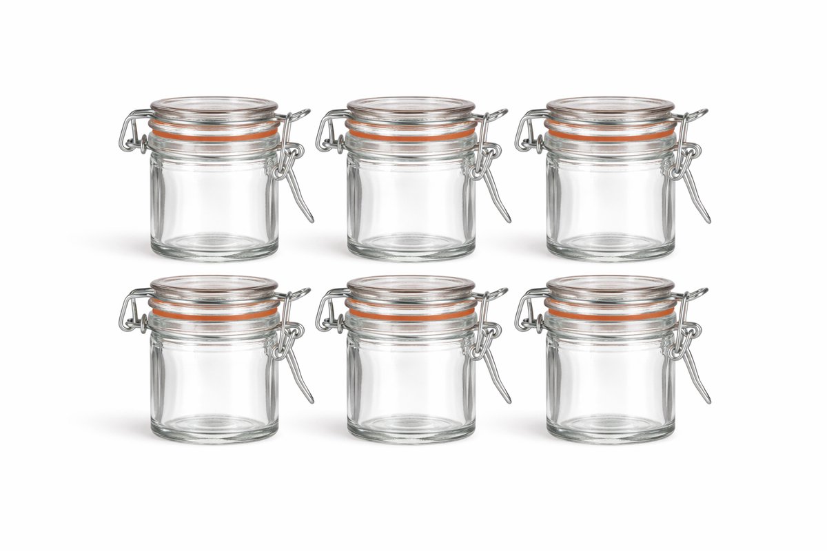 Set van 6 Mini Glazen Weckpotjes 80 ml – Met Beugelsluiting & Rubberen Ring – Luchtdicht – Voor Kruiden, Jam, Desserts, DIY Cadeaus & Decoratie – Herbruikbaar & Vaatwasserbestendig – Transparant