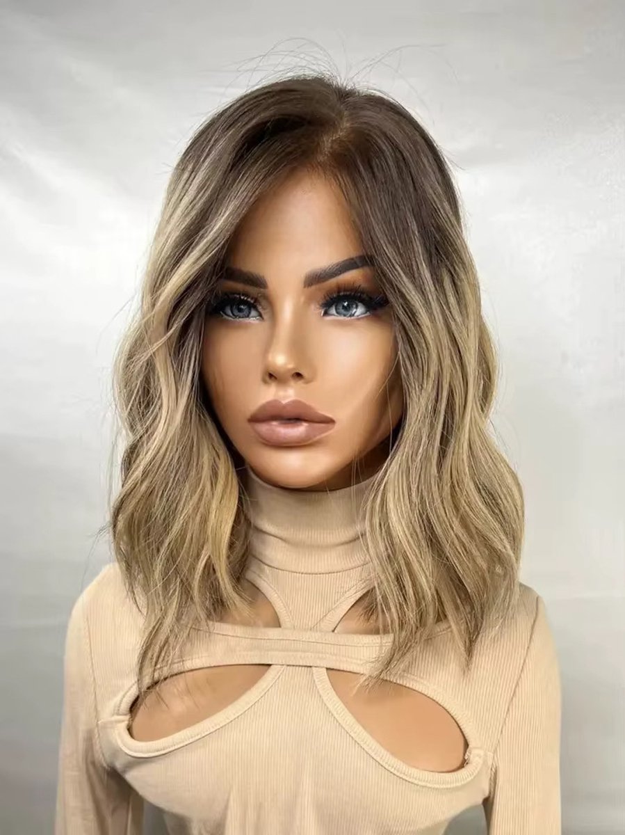 16" lijm vrije lace frontal pruik - kleur - Asblonde highlight - 100% Europees haar- body wave. cadeau voor vrouwen- alopecia