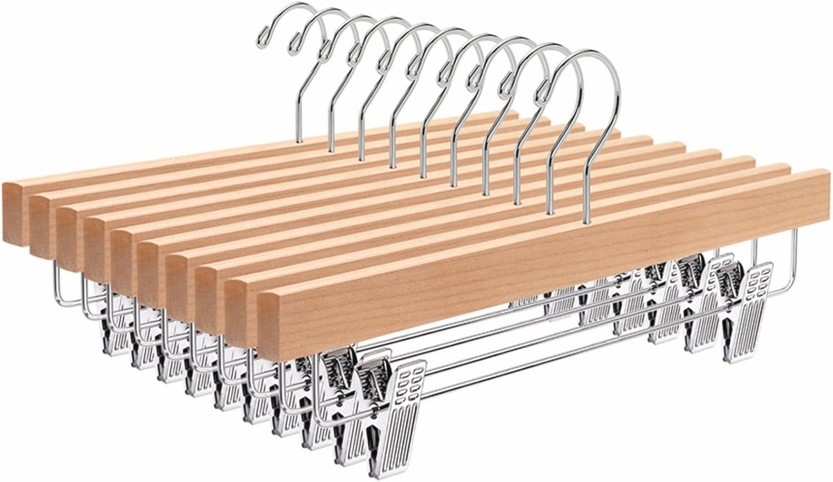 Houten Broek en Rok Hangers met 2-Verstelbare Clips - 10 Pack