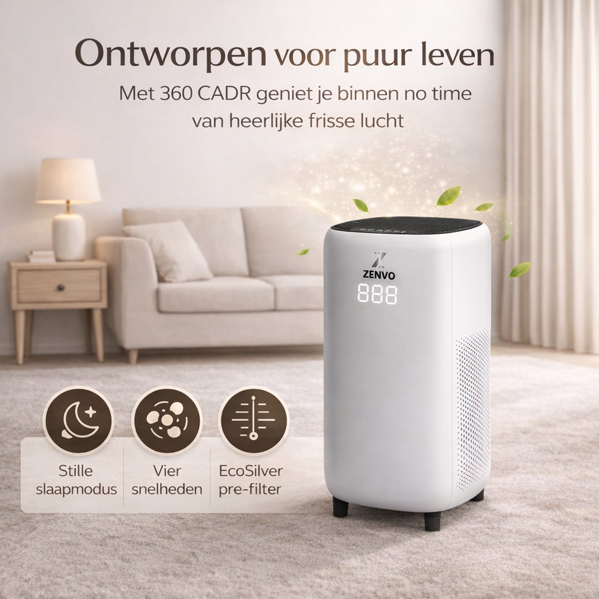 Zenvo Luchtreiniger- 360 m3/u - Werkt tegen huisstofmijt, hooikoorts, allergie, stof - Met HEPA 13 Filter - Air Purifier - Clean Air — afbeelding 5