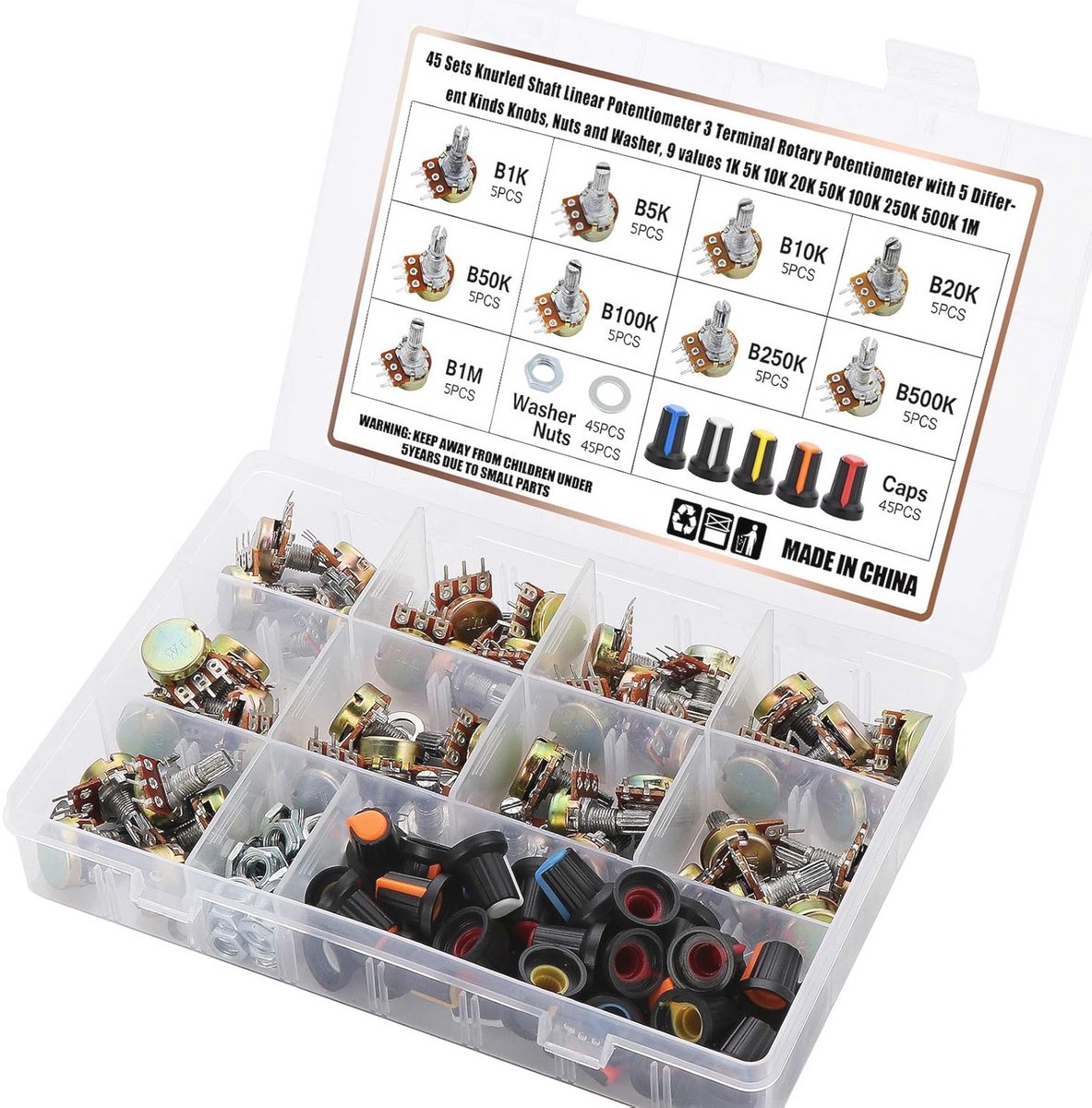 Lineaire Potentiometer 45 reeksen met Gekartelde Schacht en Diverse Knoppen