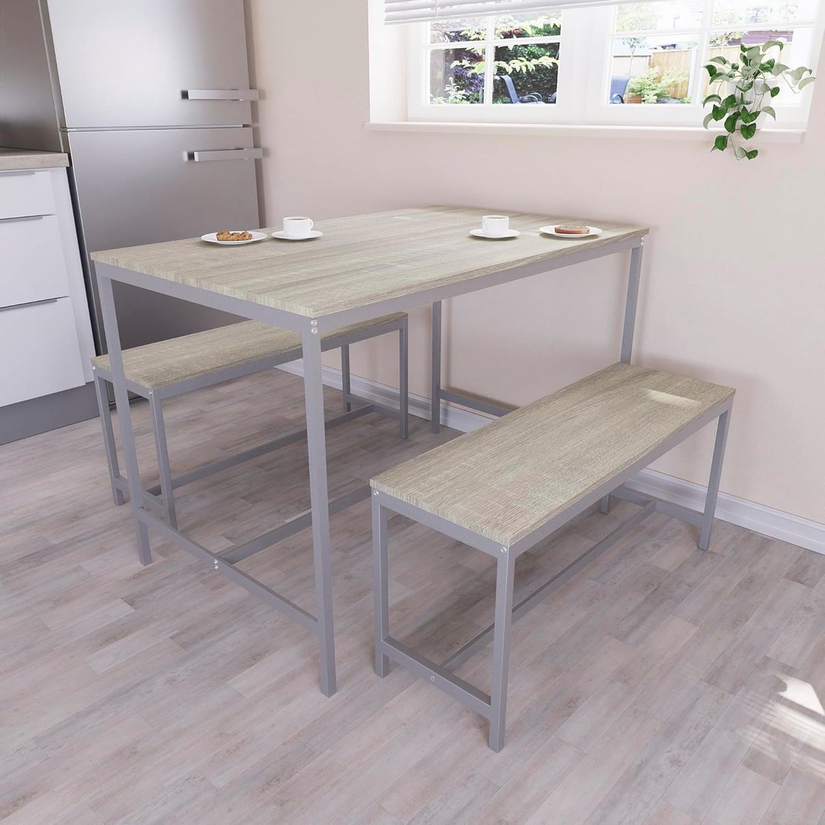 Eettafel Set voor 4 Personen met 2 Banken, Modern Design, Massief Metalen Frame