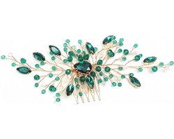 Allecta - Groene Kristallen Haarkam voor Bruid - Gouden Wijnblad Haaraccessoires - Strass Bloembruid - Kristal - Stijlvol Accessoire voor de Bruid - Trouwkapsel statement.